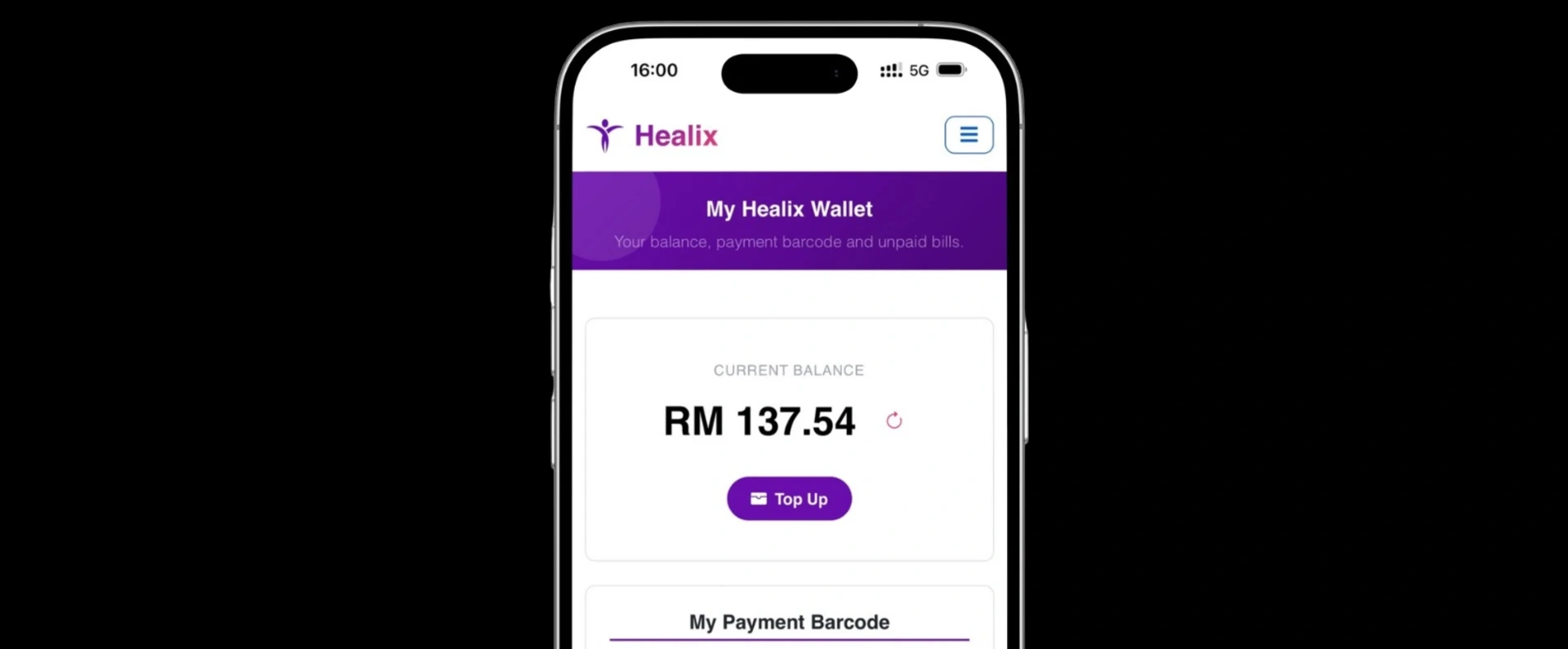 My Healix Wallet — balance, payment barcode and unpaid bills